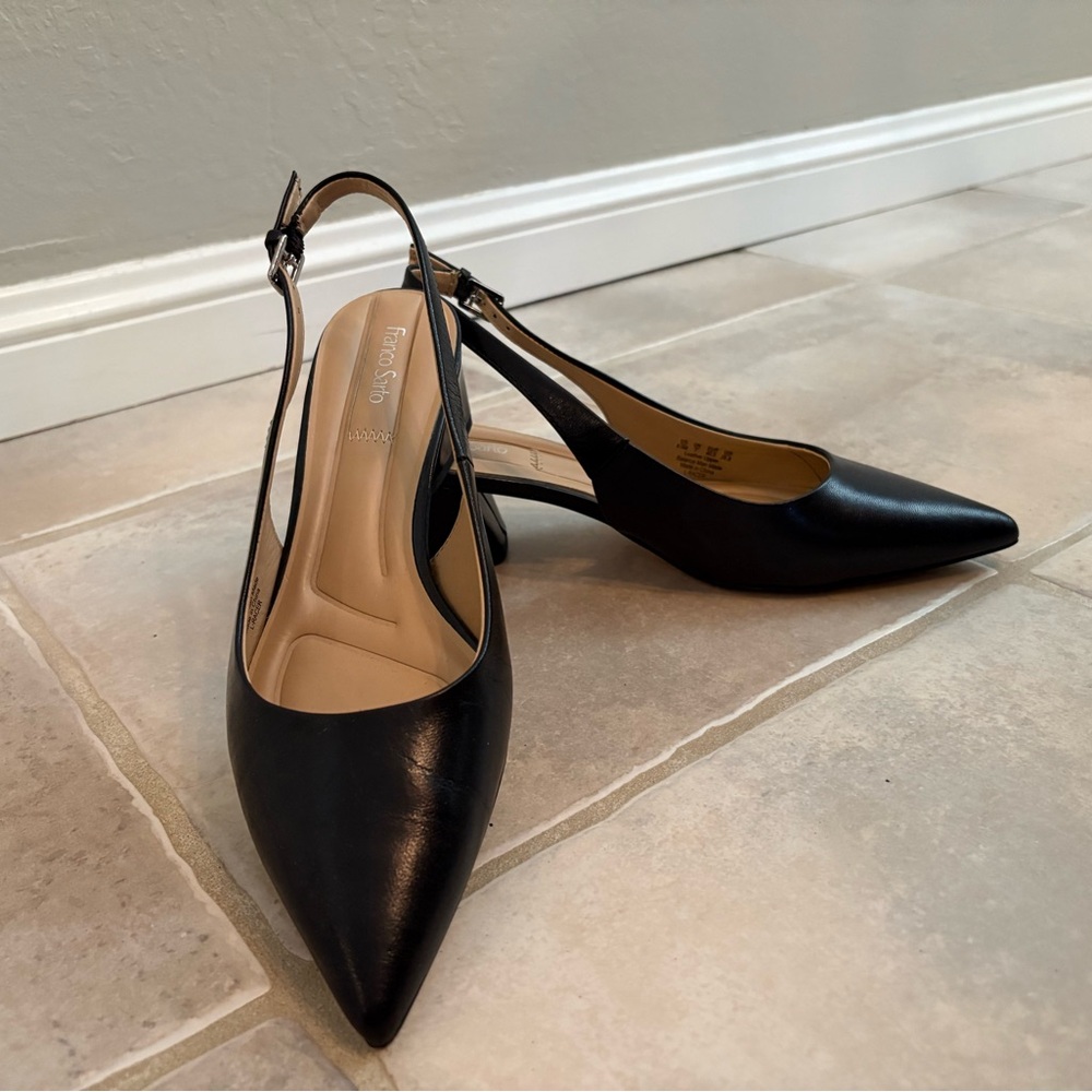 Franco Sarto Black Leather Pointed Slingback Heels